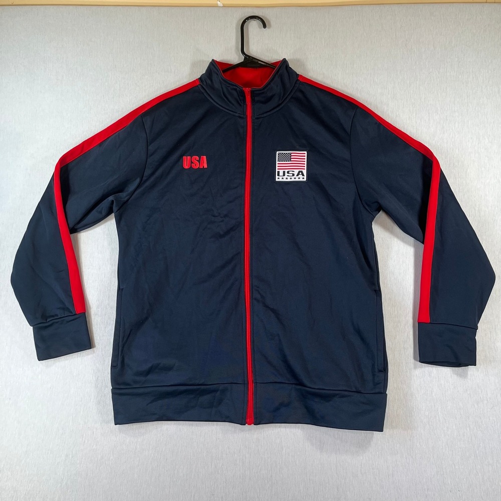 Striker USA Track Jacket Mens Medium Navy Blue Red Full Zip American Flag Patch